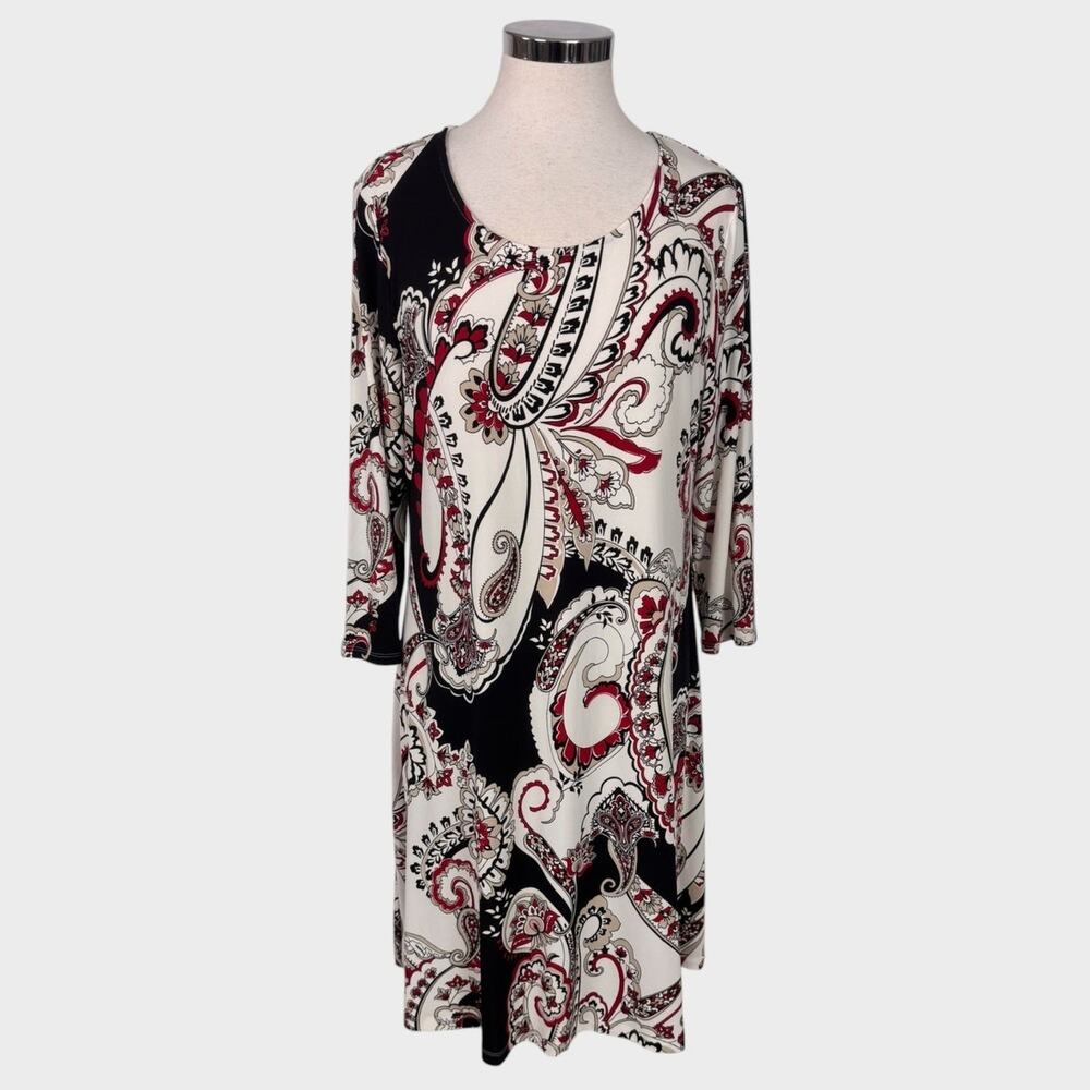 Chico's Size 1 3/4-sleeve Dress Bold Black White and Burgundy Paisley Print